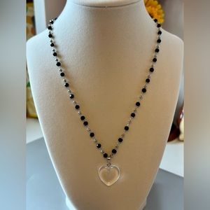 Clear Crystal Glass Heart Charm Pendant Choker Necklace 3D Black Beads Chain